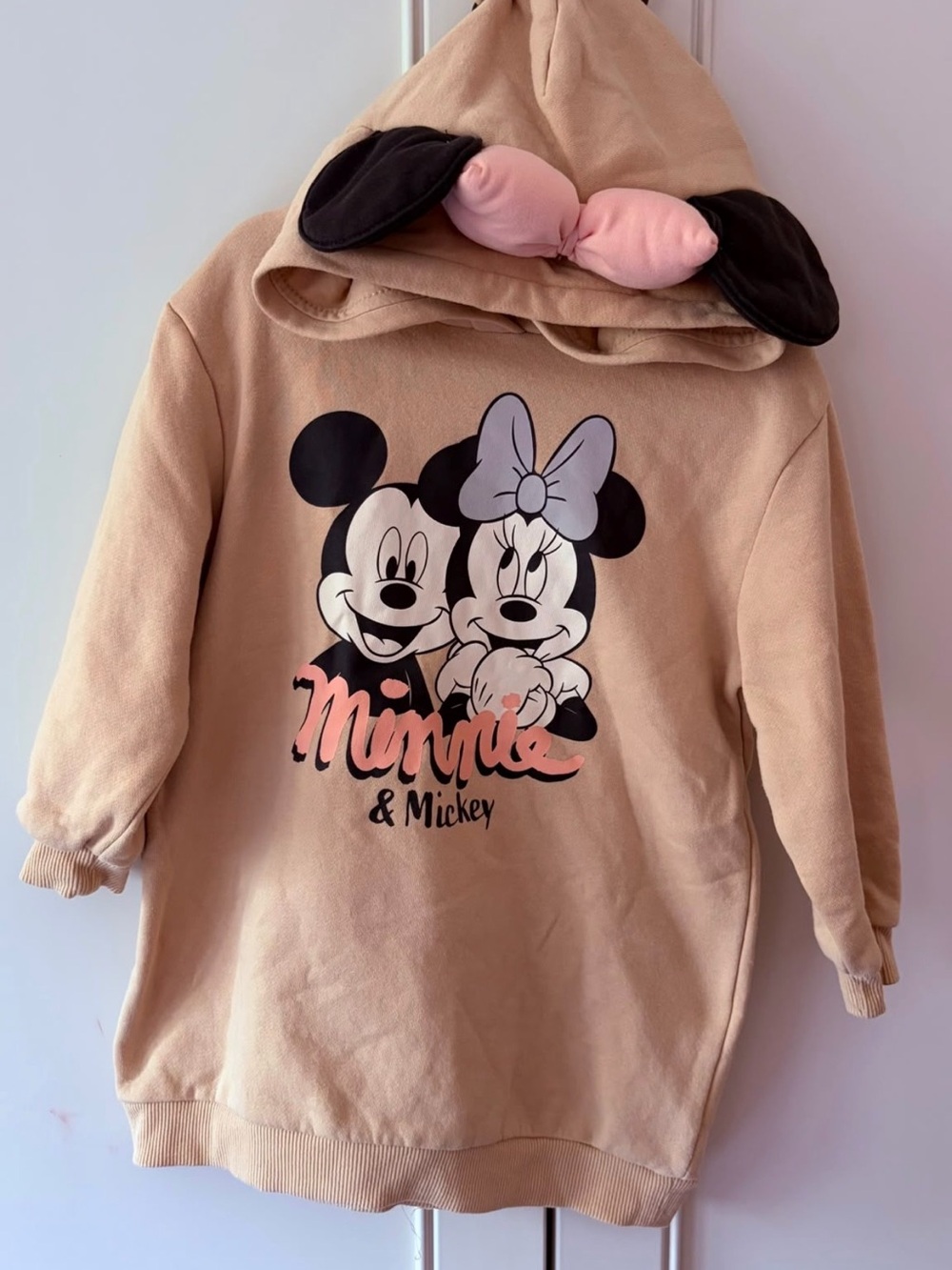 H&M Tan Kids Hoodie Dress with Minnie & Mickey Pink Bow